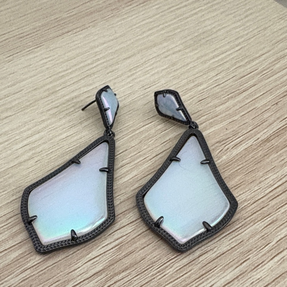 Iridescent White Drop Earrings with Black Frame
